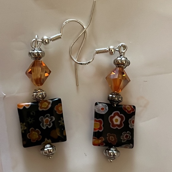 Jewelry - Black Millefiori and Swavorski crystal dangle earrings on sterling HCSSEAR101